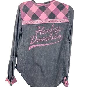Harley-Davidson Pink and Gray Plaid Blouse